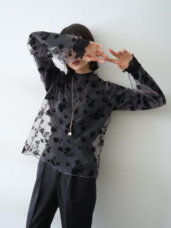 [予約]コットンガーゼシアー切替メロートップス/ブラック