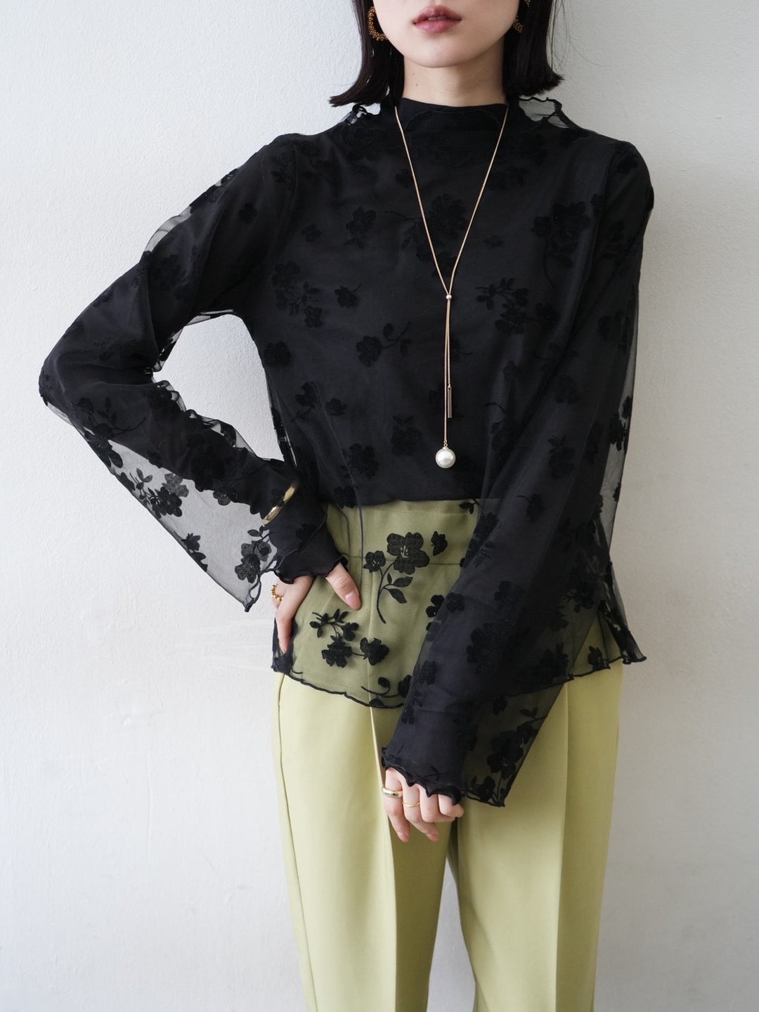 [予約]コットンガーゼシアー切替メロートップス/ブラック