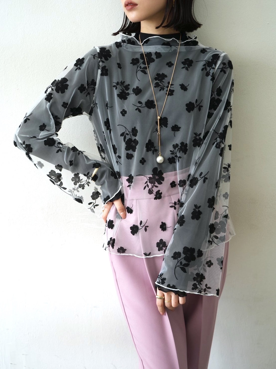 [予約]コットンガーゼシアー切替メロートップス/ブラック