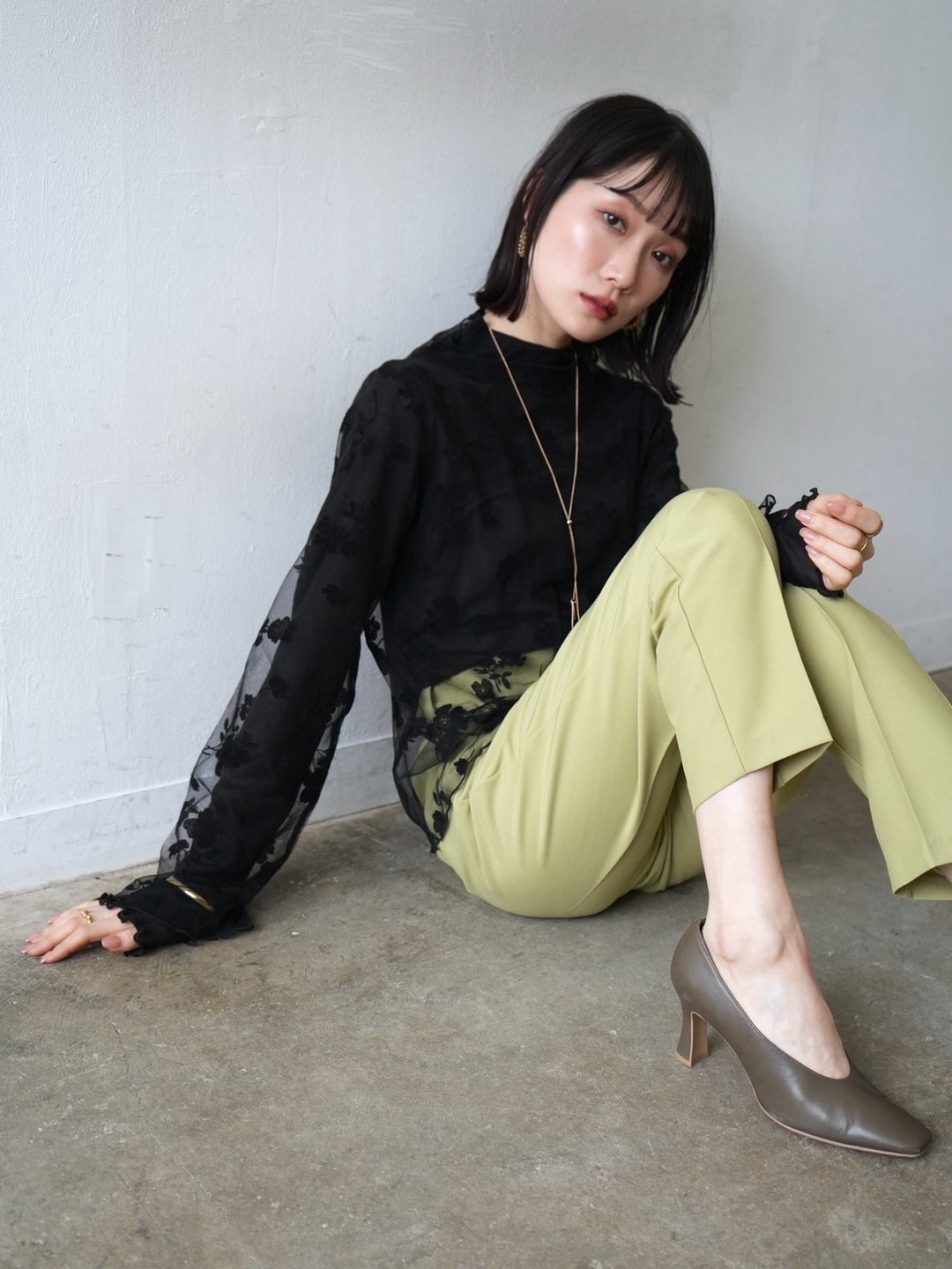 [予約]コットンガーゼシアー切替メロートップス/ブラック