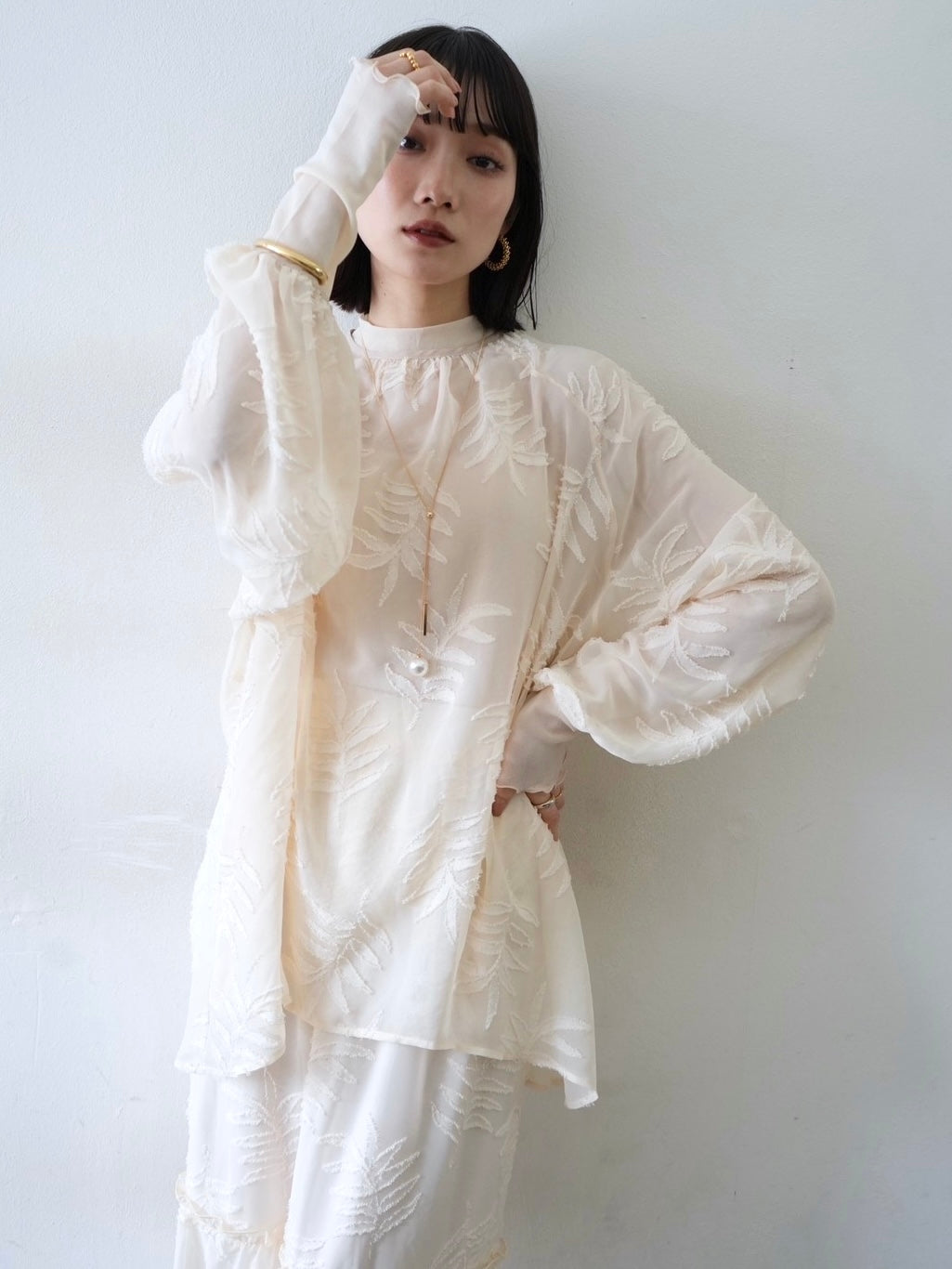 [予約]コットンガーゼシアー切替メロートップス/アイボリー