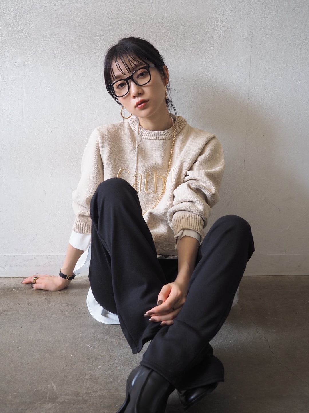 [予約]刺繍ロゴポリエステルニットプルオーバー/アイボリー