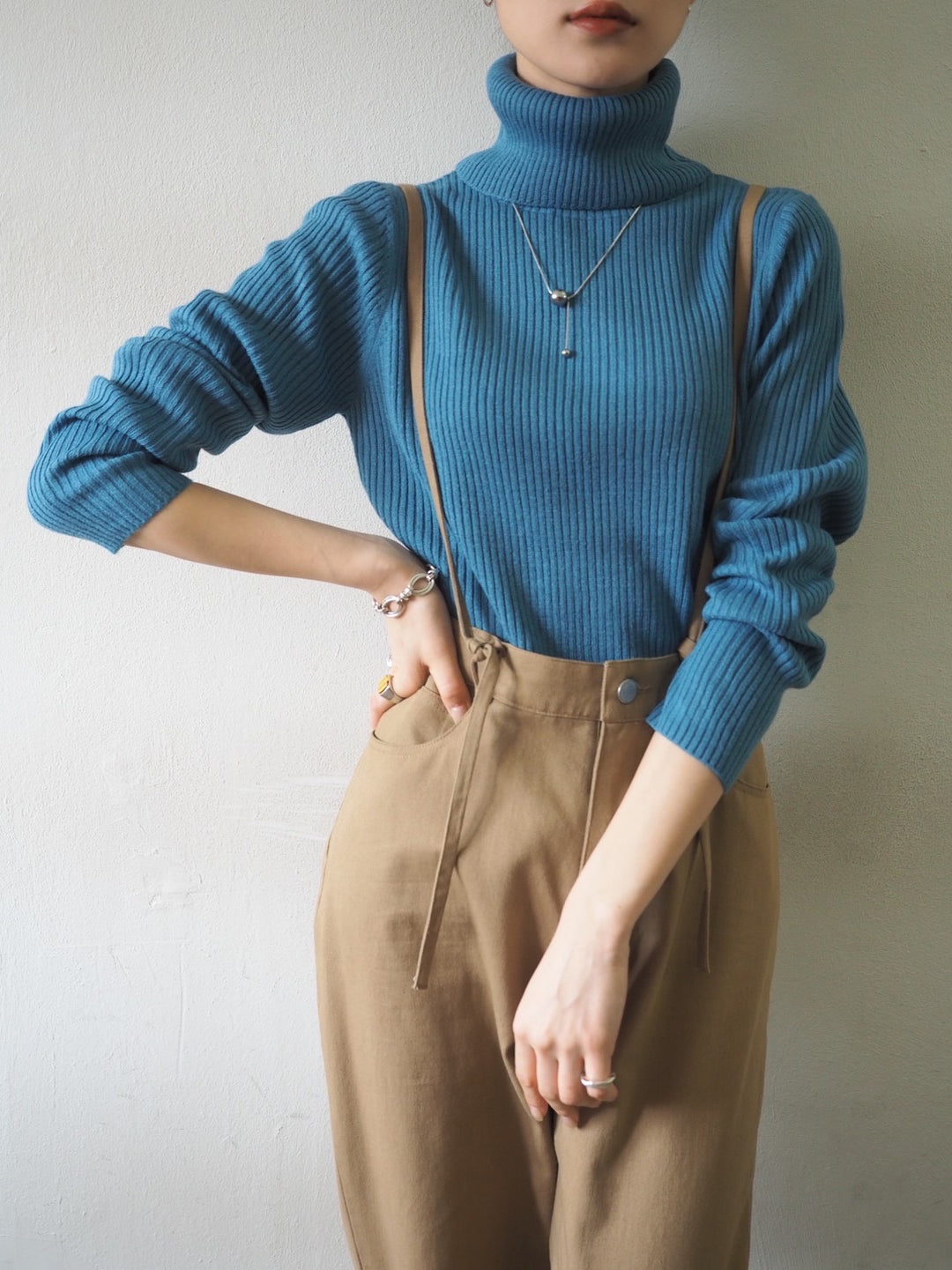 [予約]リブタートルネックニットトップス/ブルー