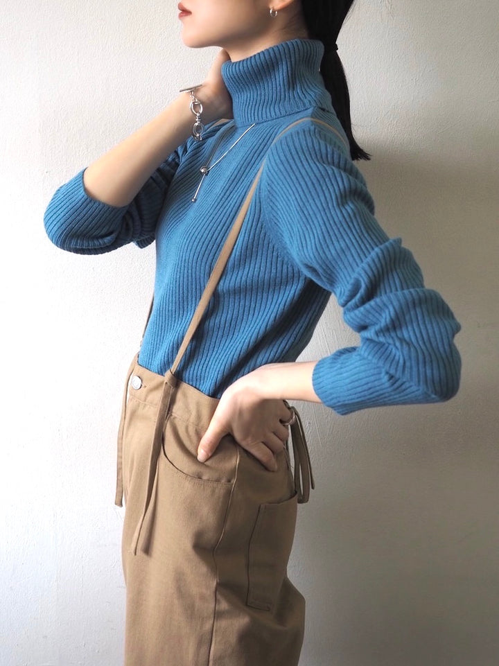 [予約]リブタートルネックニットトップス/ブルー