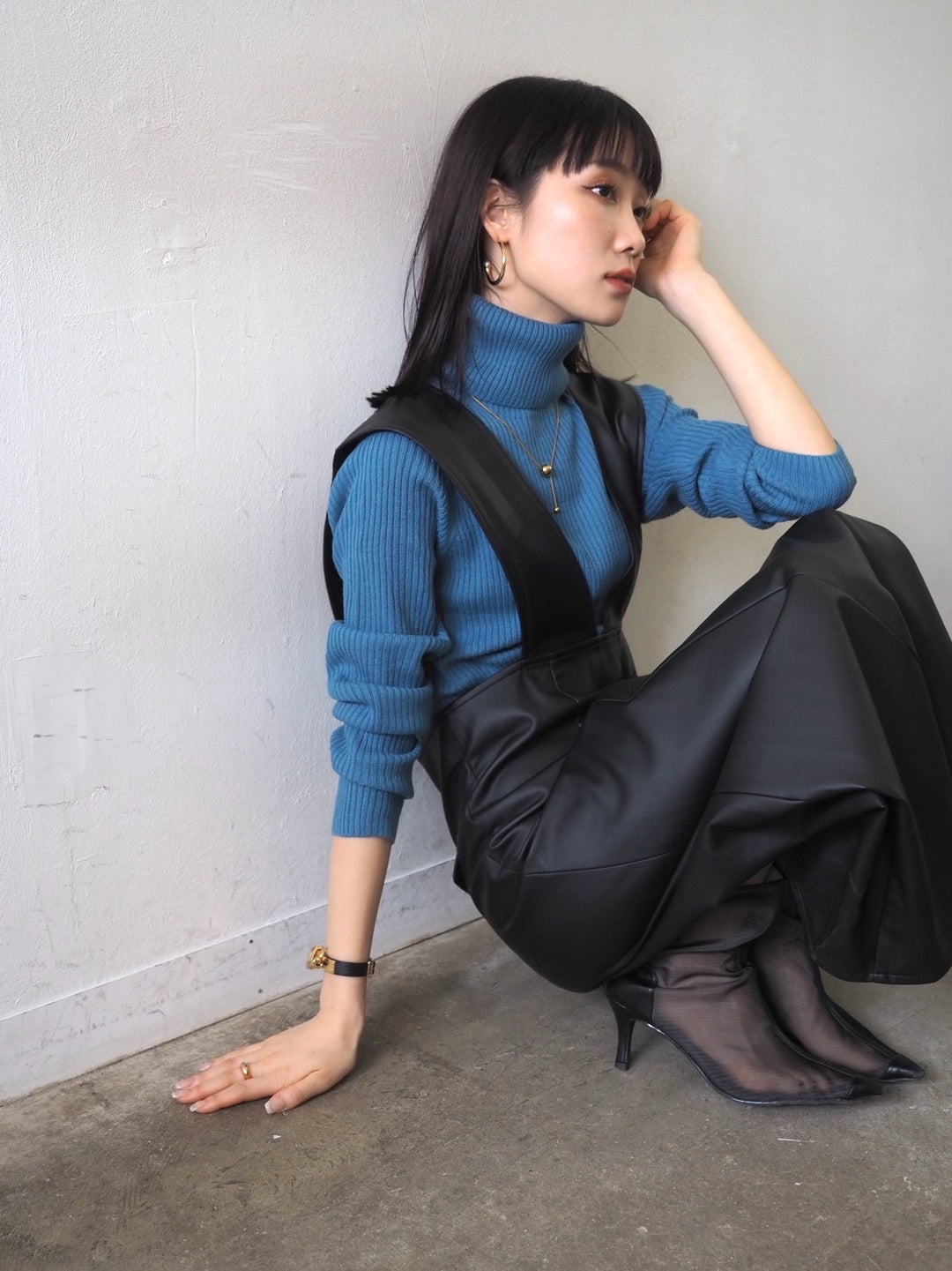 [予約]リブタートルネックニットトップス/ブルー