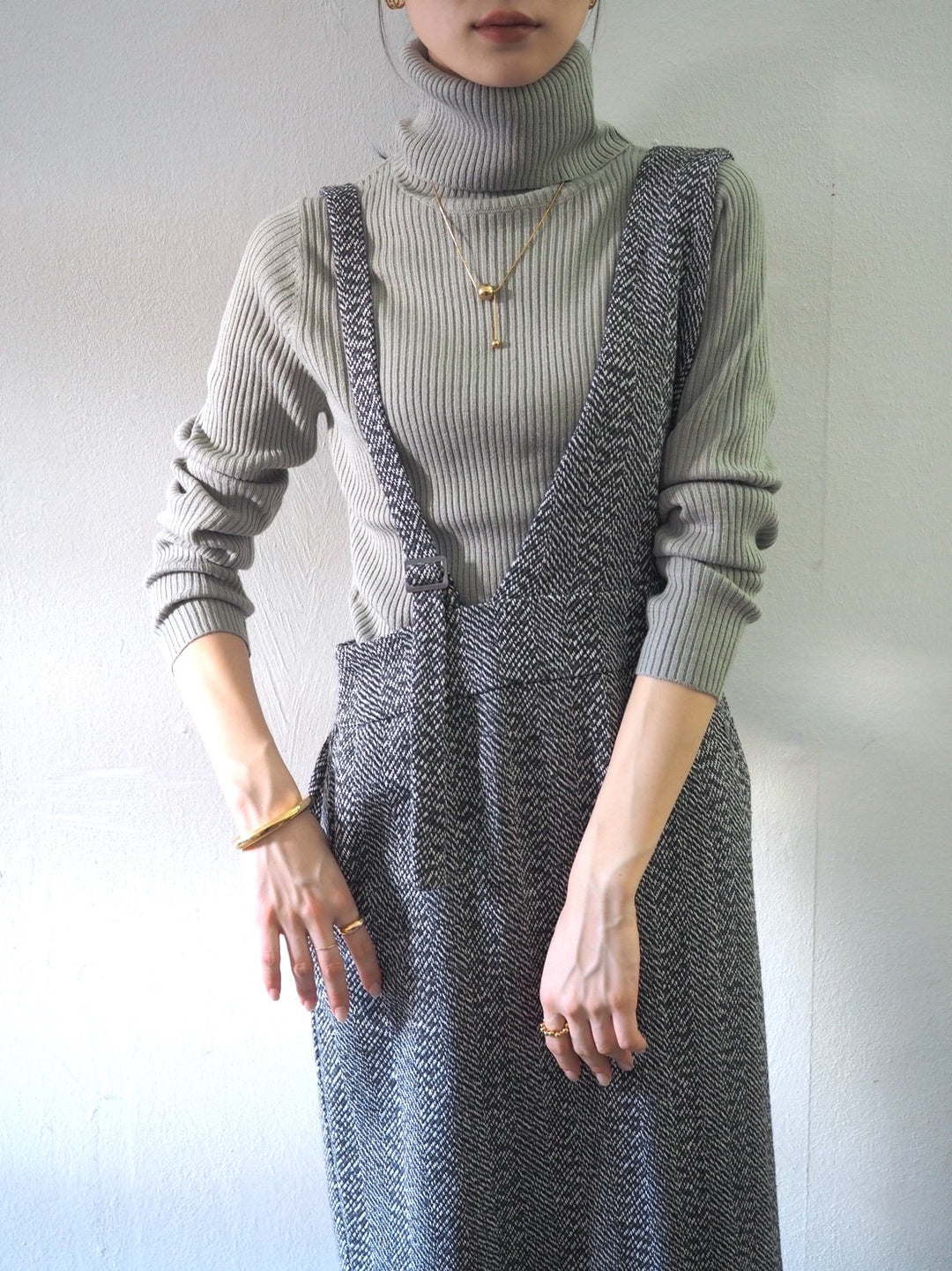 [予約]リブタートルネックニットトップス/グレー