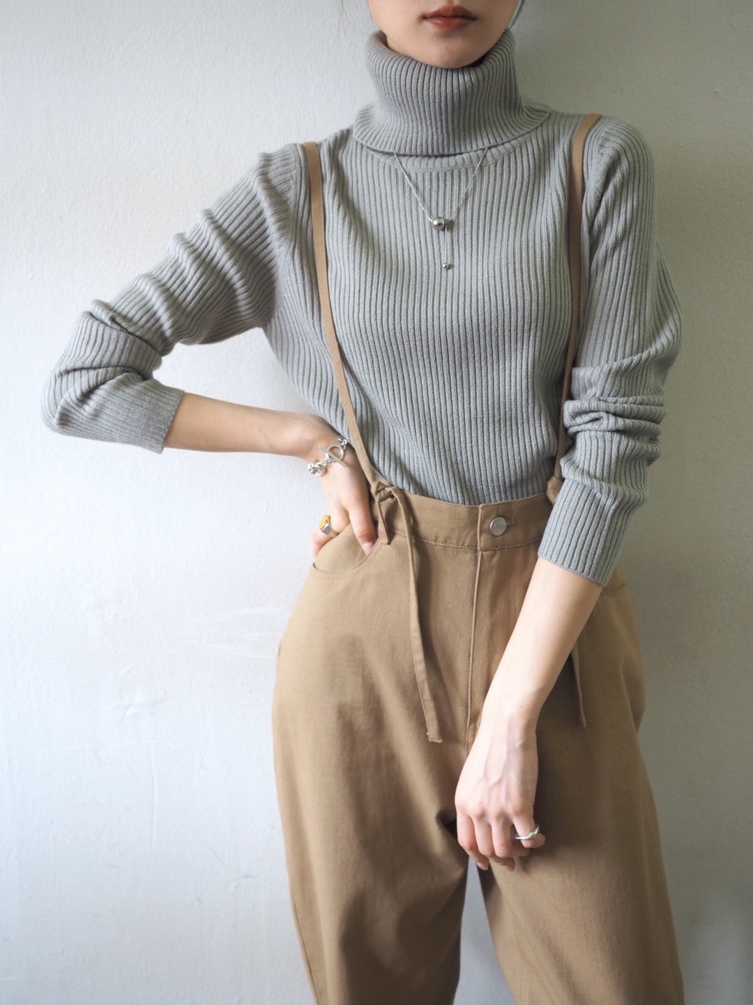 [予約]リブタートルネックニットトップス/グレー