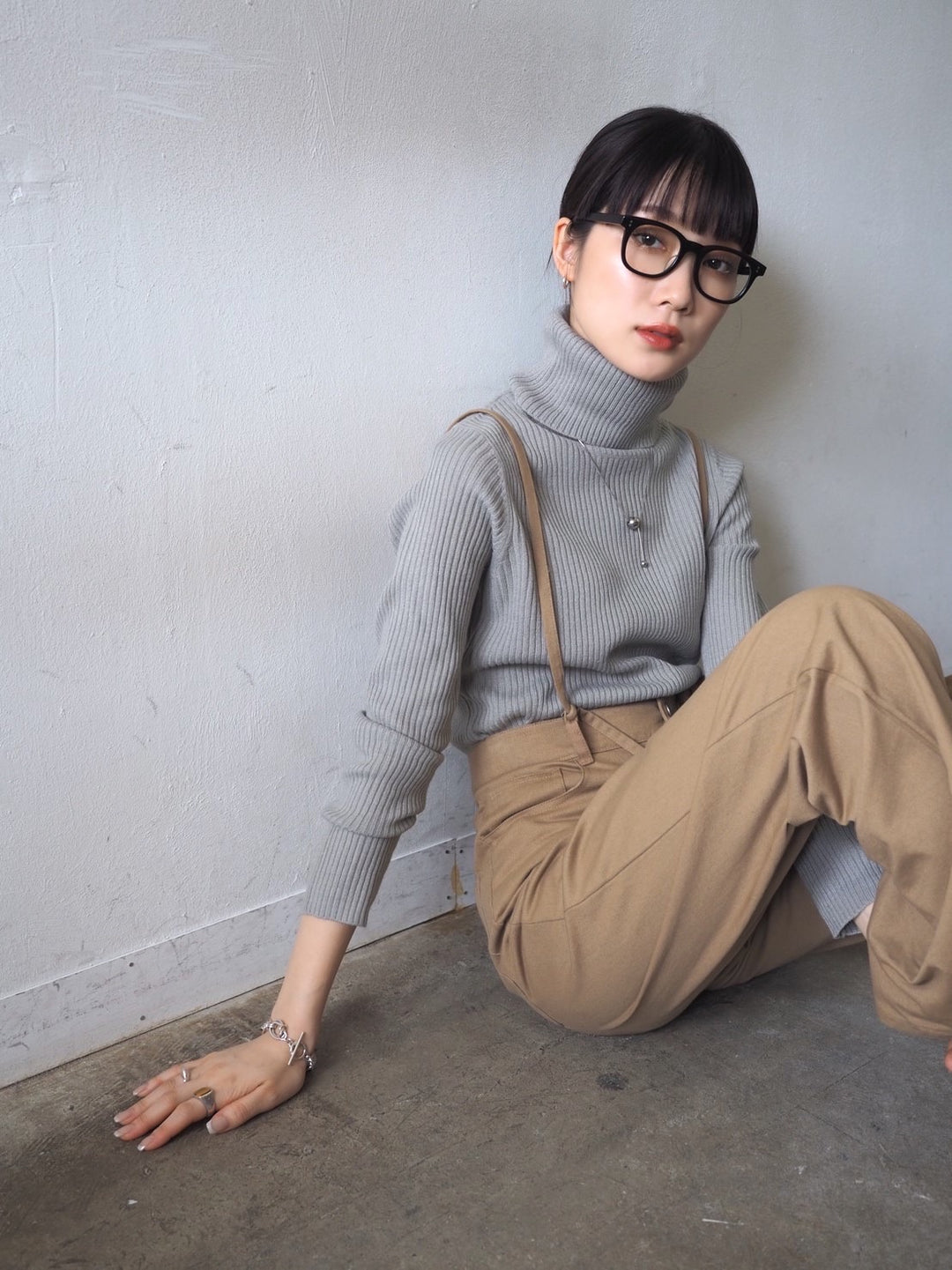 [予約]リブタートルネックニットトップス/グレー