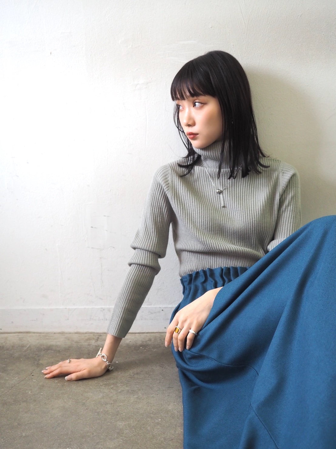 [予約]リブタートルネックニットトップス/グレー