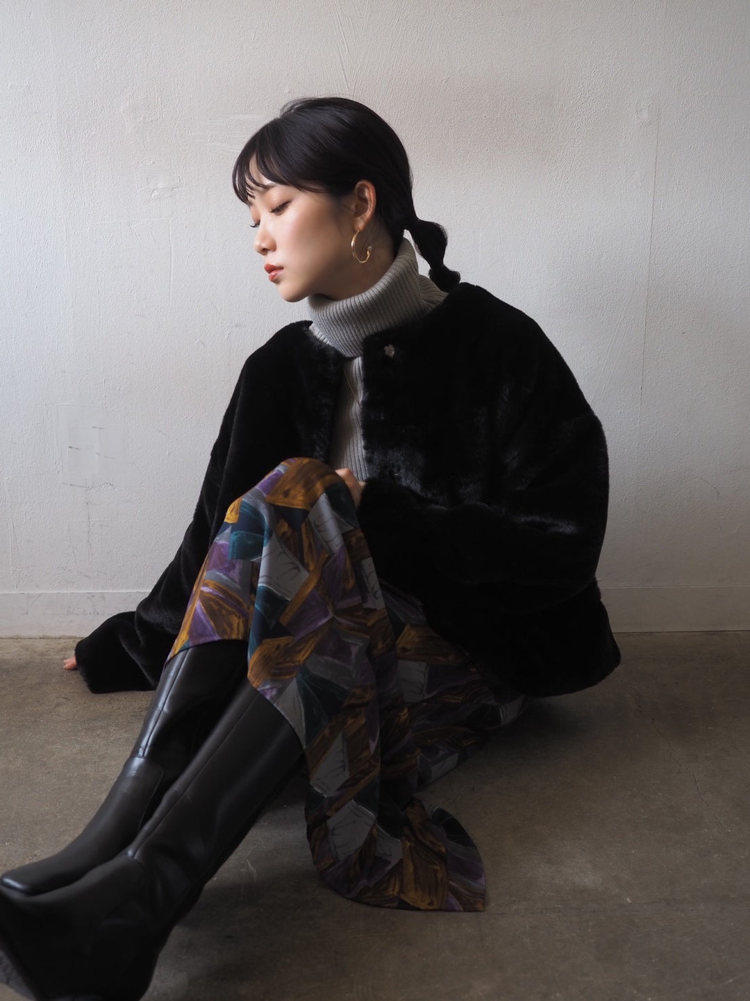 [予約]リブタートルネックニットトップス/グレー