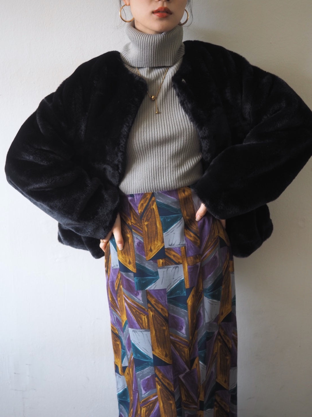 [予約]リブタートルネックニットトップス/グレー