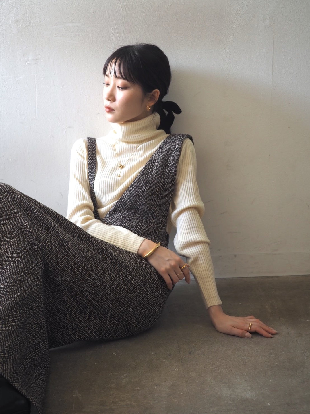 [予約]リブタートルネックニットトップス/アイボリー