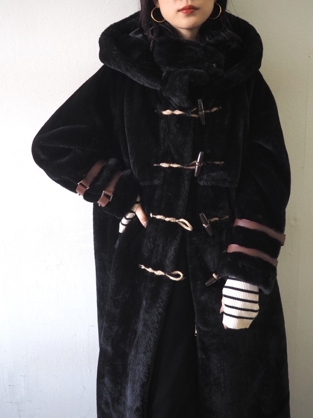 Yukko collaboration eco fur duffle long coat/black