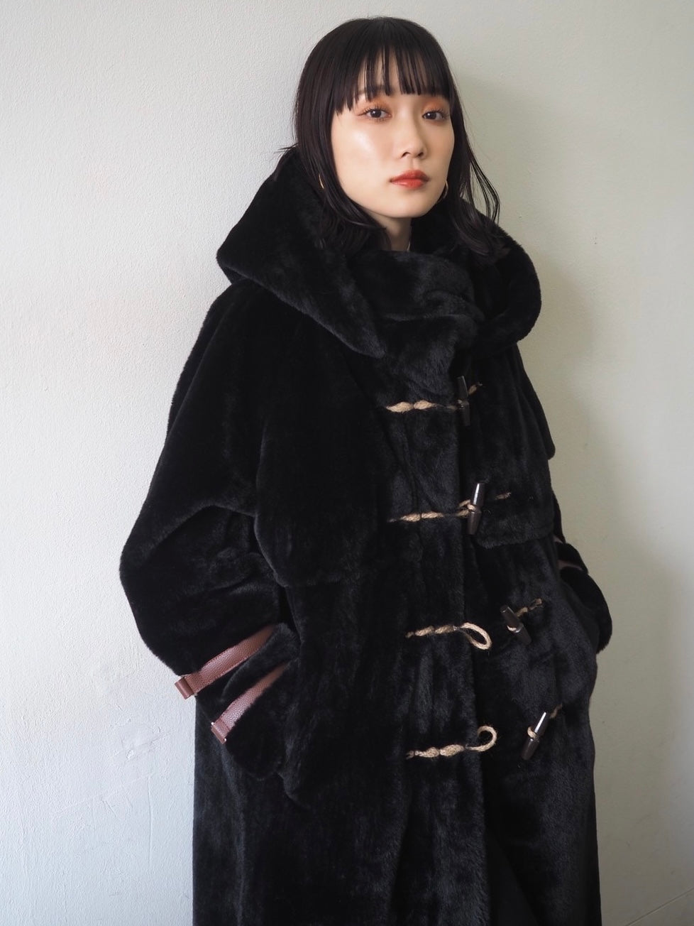 Yukko  collaboration eco fur  duffle long coat/ブラック