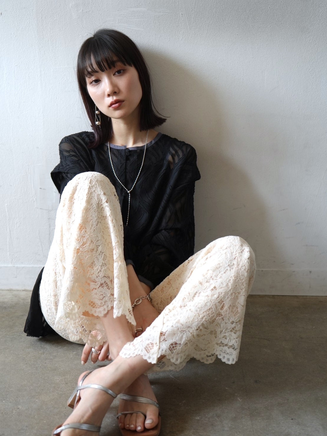 Scallop lace wide pants/ivory