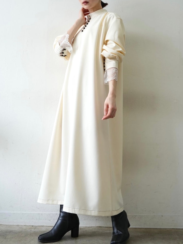 Color-matched stitched walnut button long dress/ivory