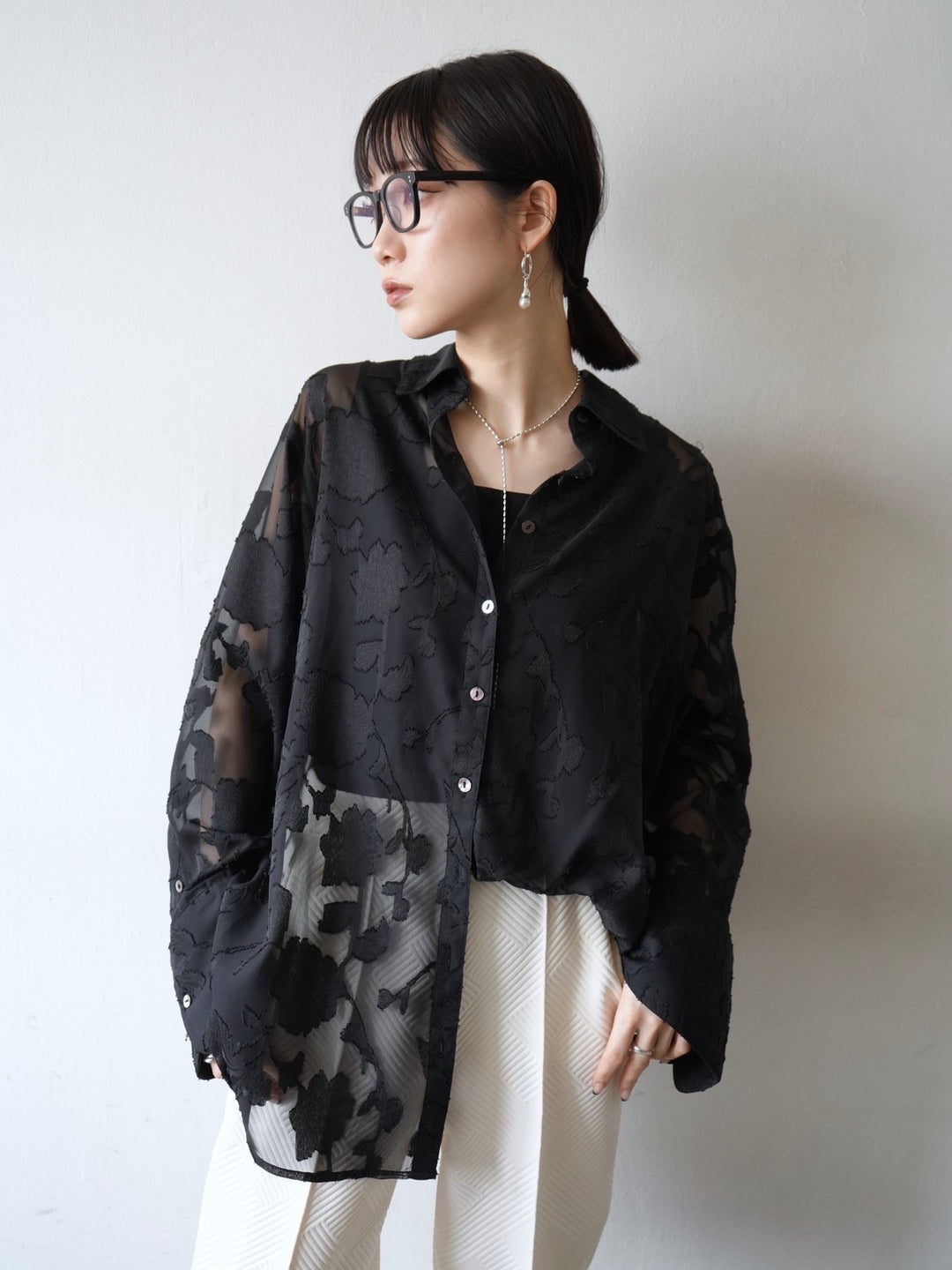 [Pre-order] Sheer Flower Jacquard Overshirt/Black