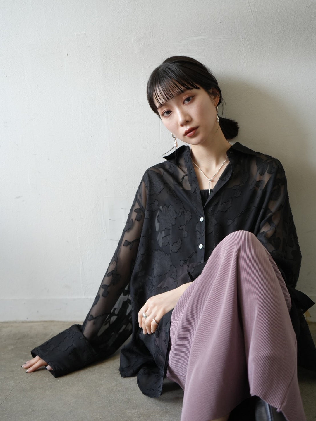 [Pre-order] Sheer Flower Jacquard Overshirt/Black