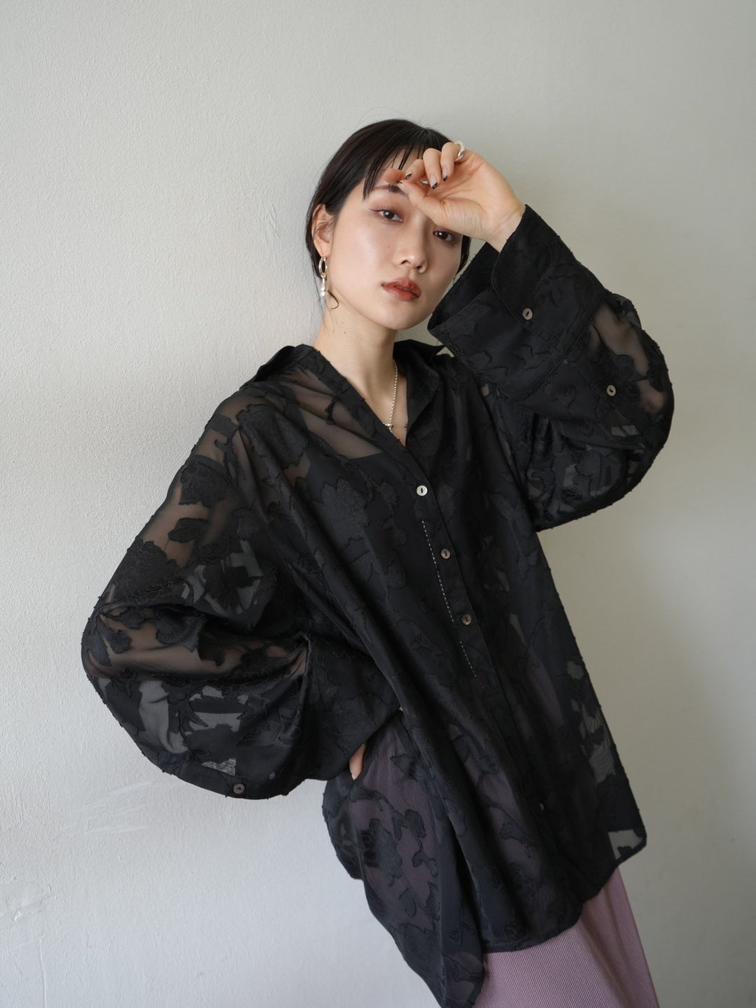 [Pre-order] Sheer Flower Jacquard Overshirt/Black