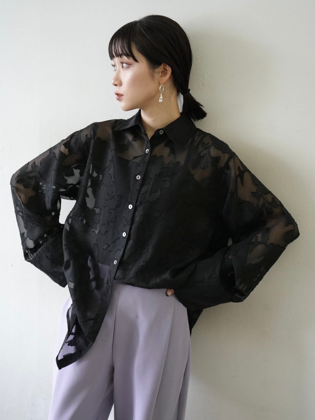 [Pre-order] Sheer Flower Jacquard Overshirt/Black