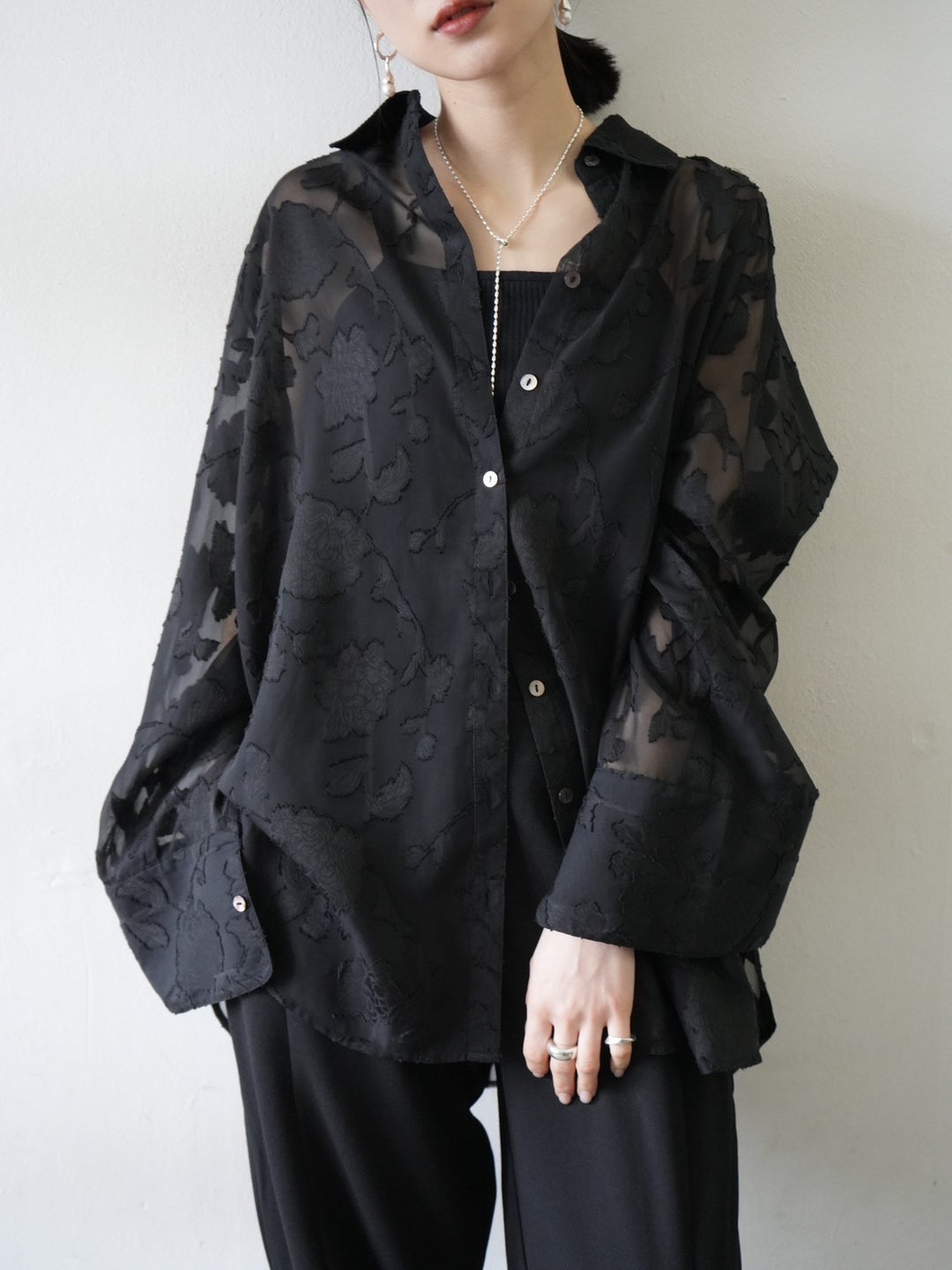 [Pre-order] Sheer Flower Jacquard Overshirt/Black