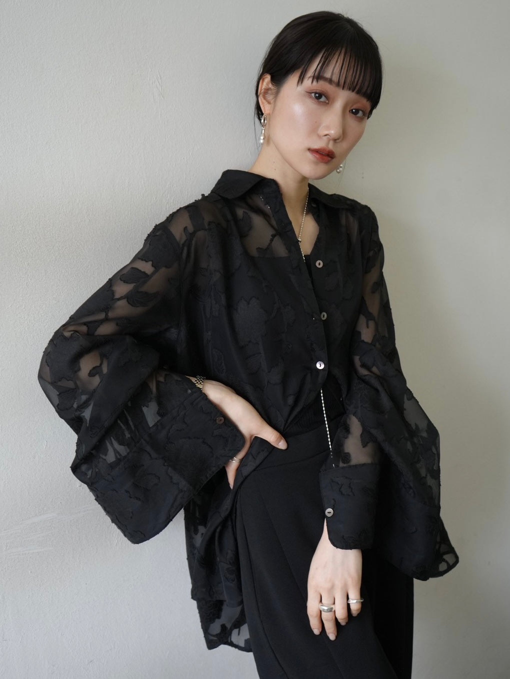 [Pre-order] Sheer Flower Jacquard Overshirt/Black