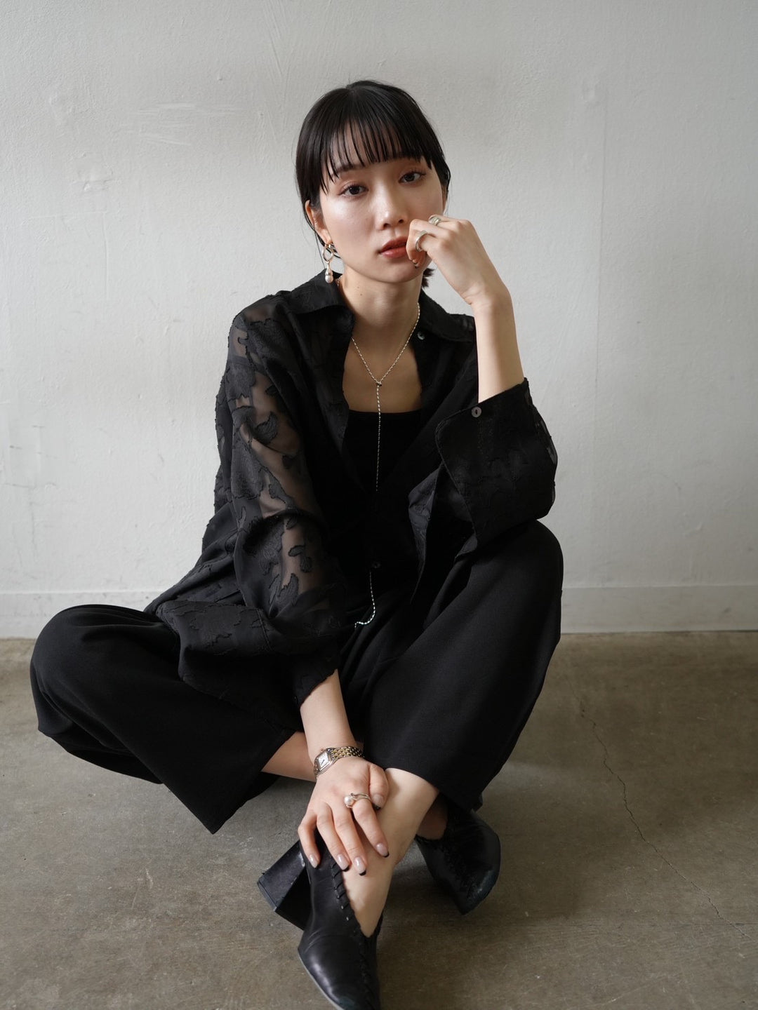 [Pre-order] Sheer Flower Jacquard Overshirt/Black