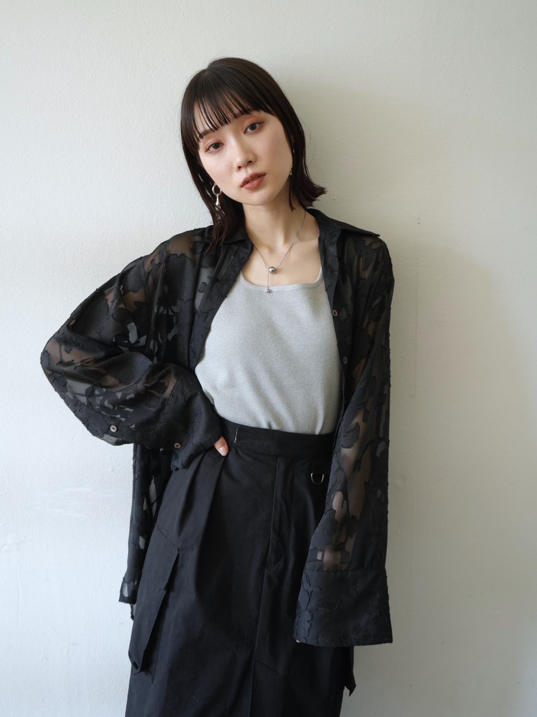 [Pre-order] Sheer Flower Jacquard Overshirt/Black