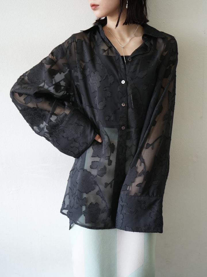 [Pre-order] Sheer Flower Jacquard Overshirt/Black