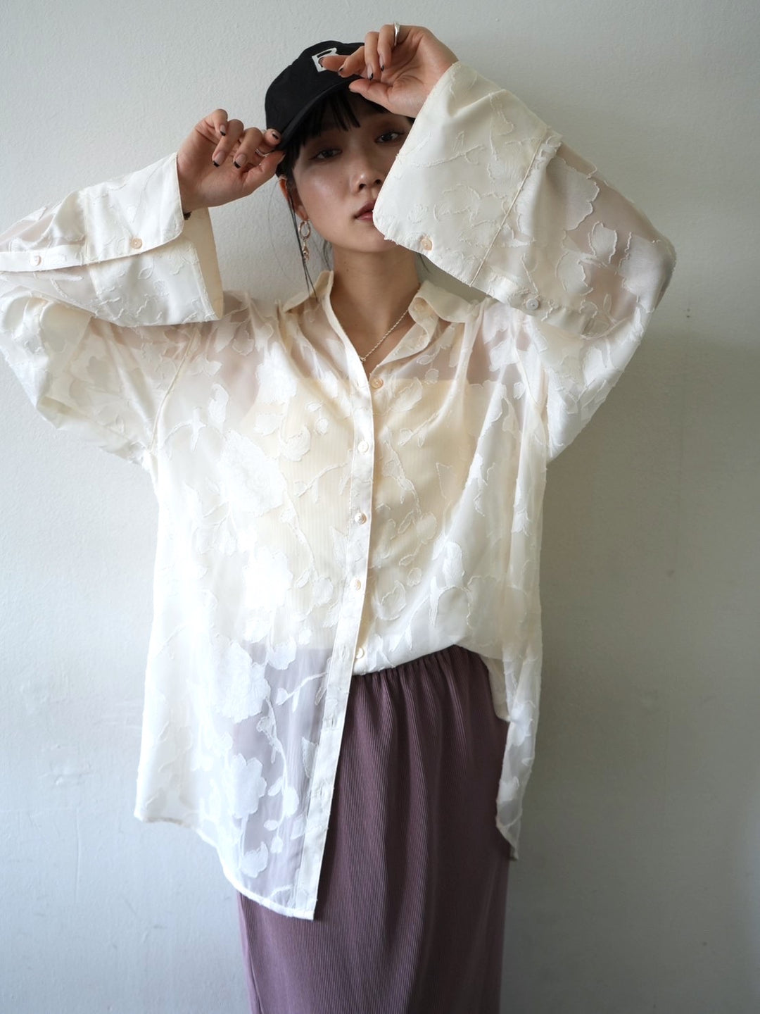 [Pre-order] Sheer Flower Jacquard Overshirt/Ecru