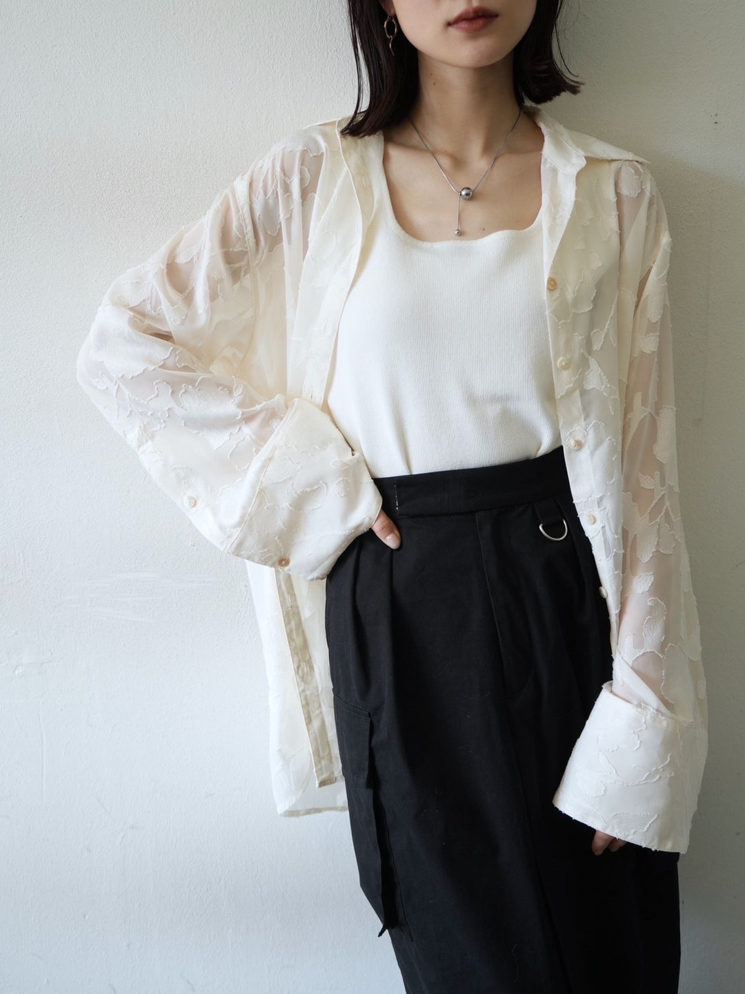 [Pre-order] Sheer Flower Jacquard Overshirt/Ecru