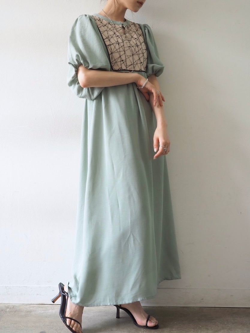 [Pre-order] Embroidered balloon half sleeve dress/mint