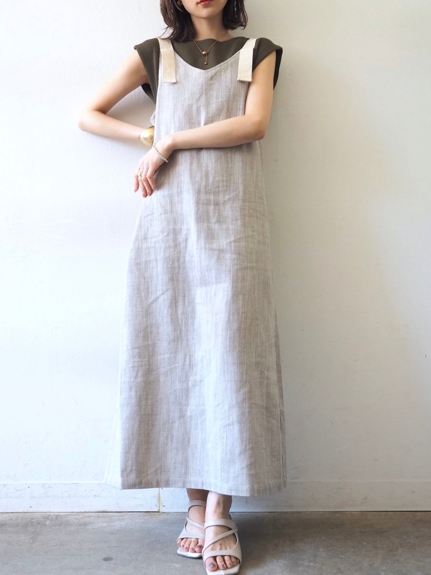 【預訂】人字紋吊帶洋裝/淺灰色