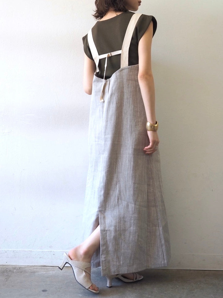 【預訂】人字紋吊帶洋裝/淺灰色
