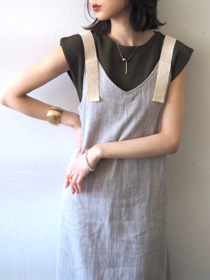 【預訂】人字紋吊帶洋裝/淺灰色