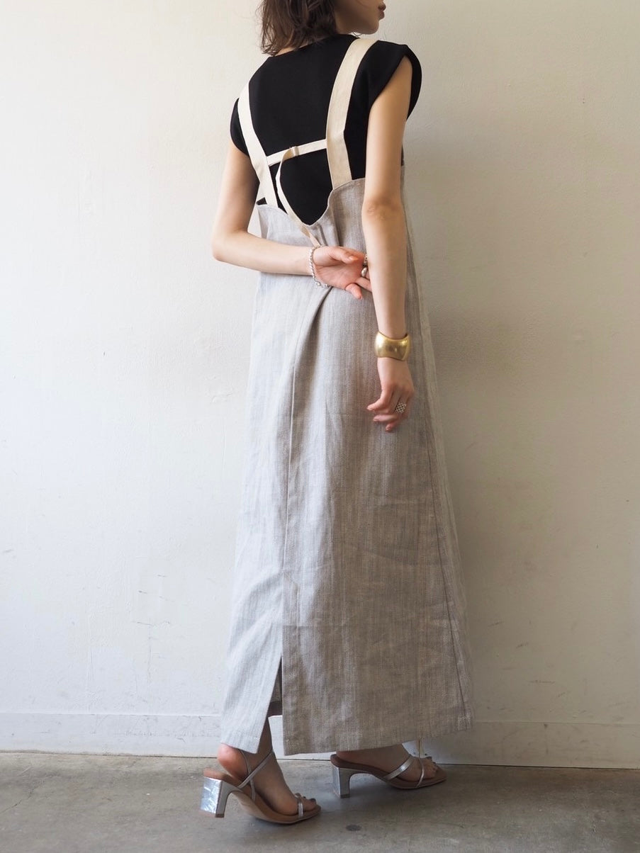 【預訂】人字紋吊帶洋裝/淺灰色