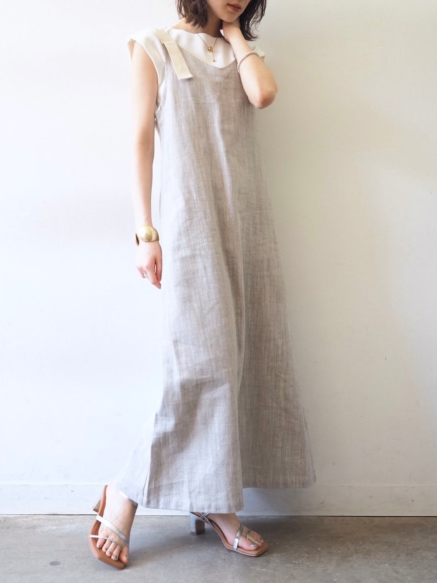 【預訂】人字紋吊帶洋裝/淺灰色