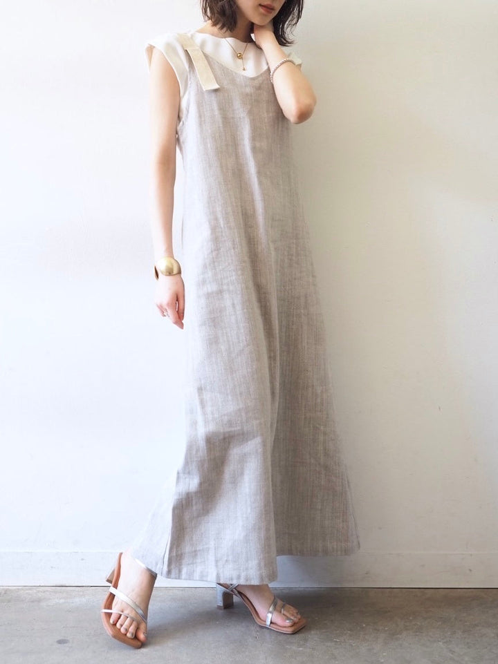 【預訂】人字紋吊帶洋裝/淺灰色