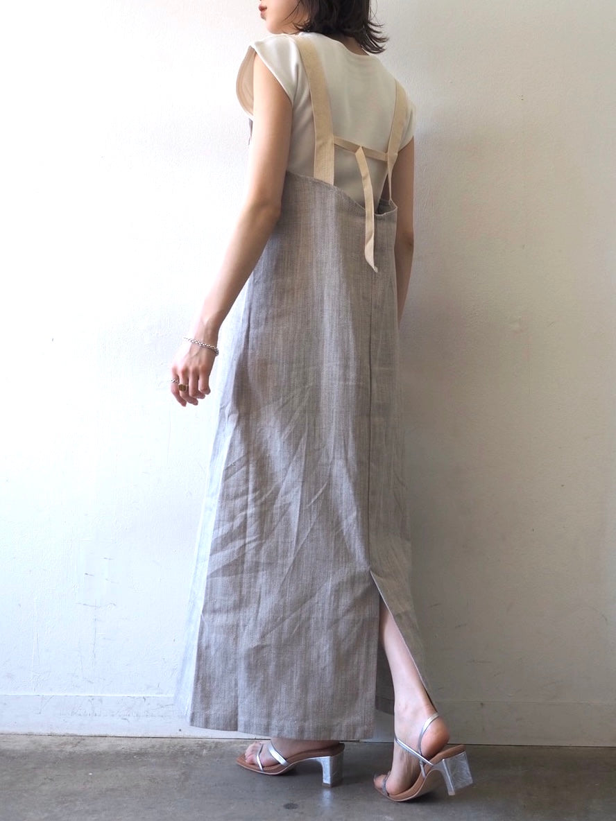 【預訂】人字紋吊帶洋裝/淺灰色