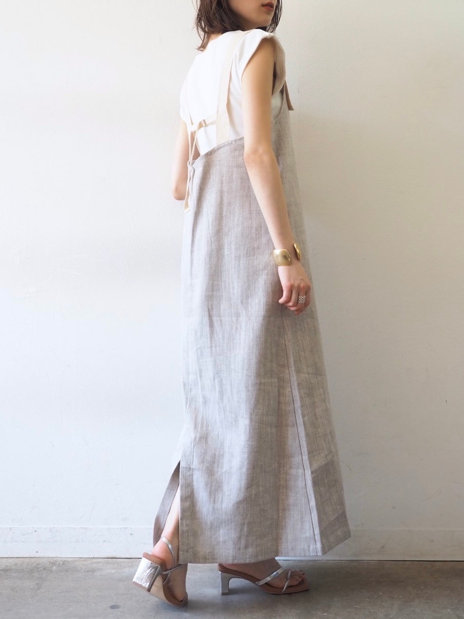 【預訂】人字紋吊帶洋裝/淺灰色