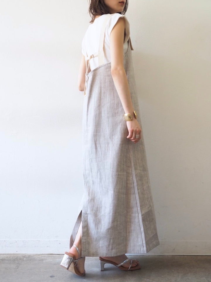 【預訂】人字紋吊帶洋裝/淺灰色