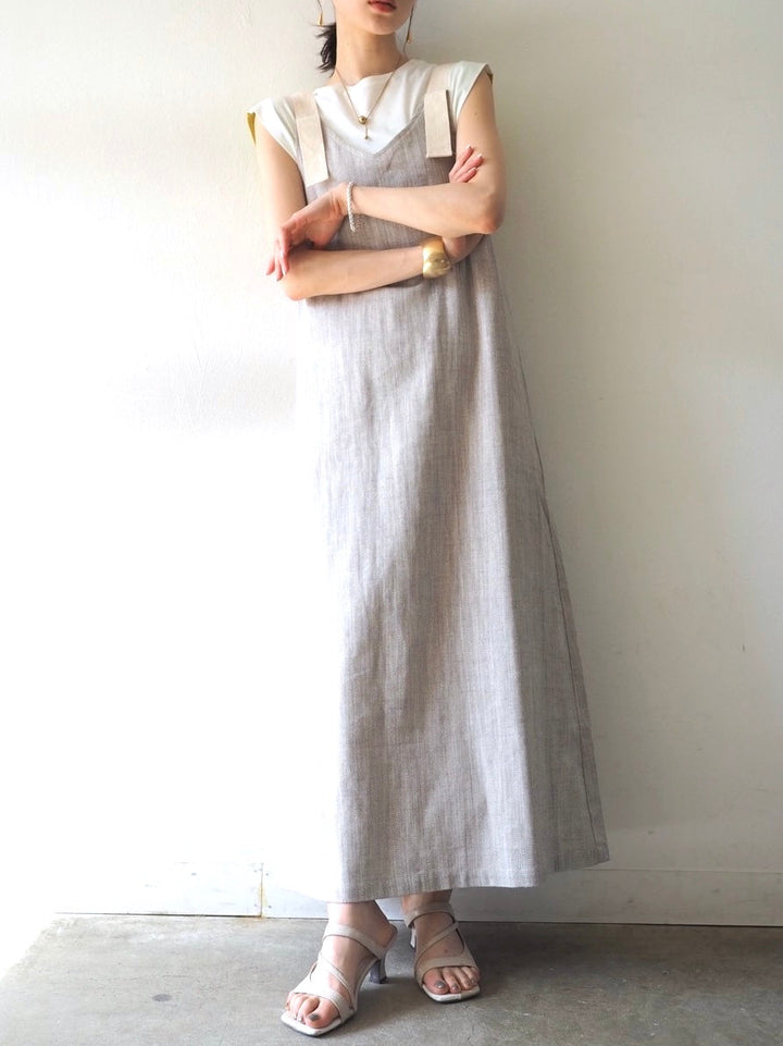 【預訂】人字紋吊帶洋裝/淺灰色