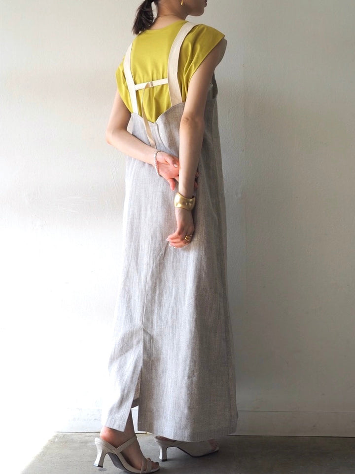 【預訂】人字紋吊帶洋裝/淺灰色