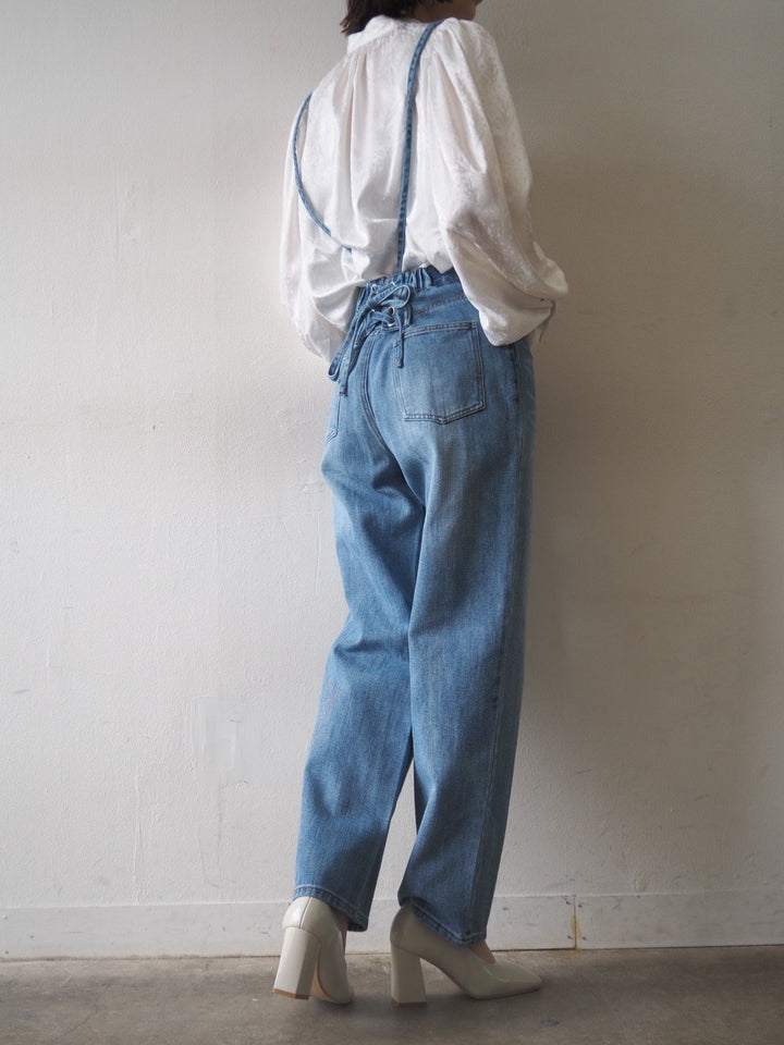 Denim lace-up pants with suspenders/bleached