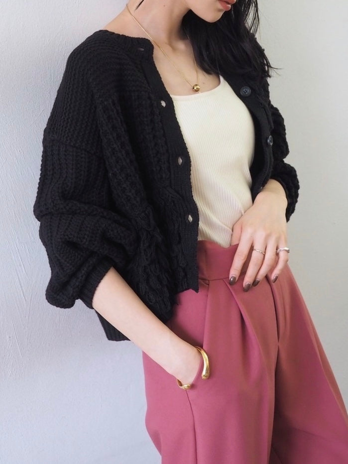 ループ編みデザインニットカーディガン/ブラック