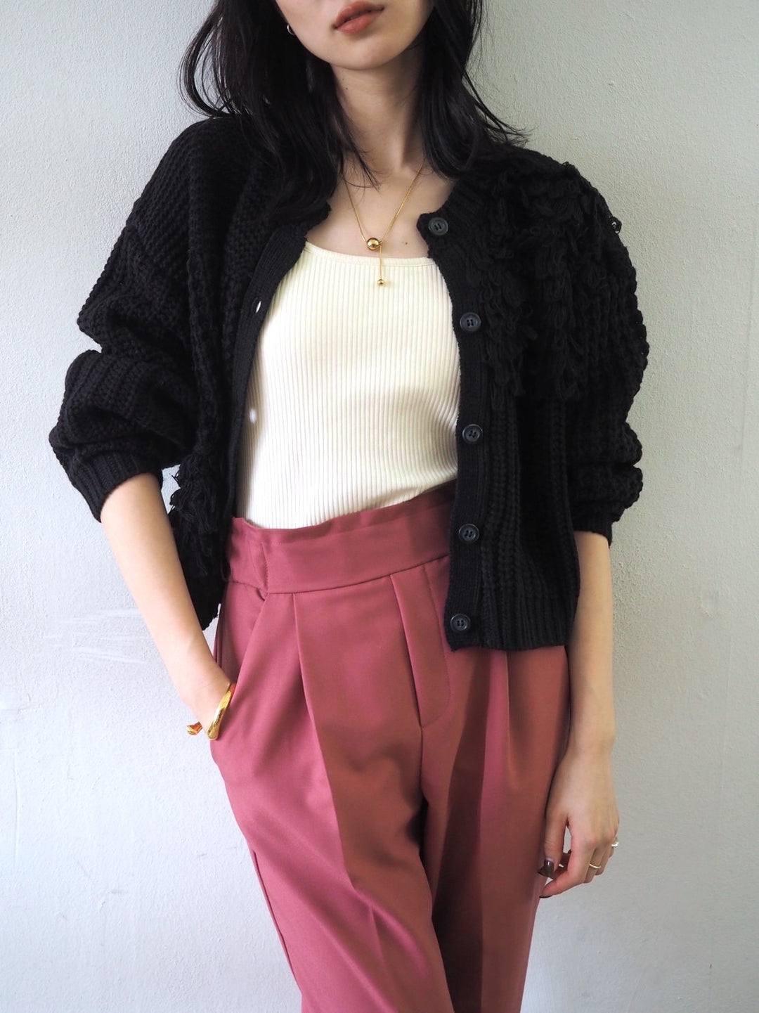 ループ編みデザインニットカーディガン/ブラック