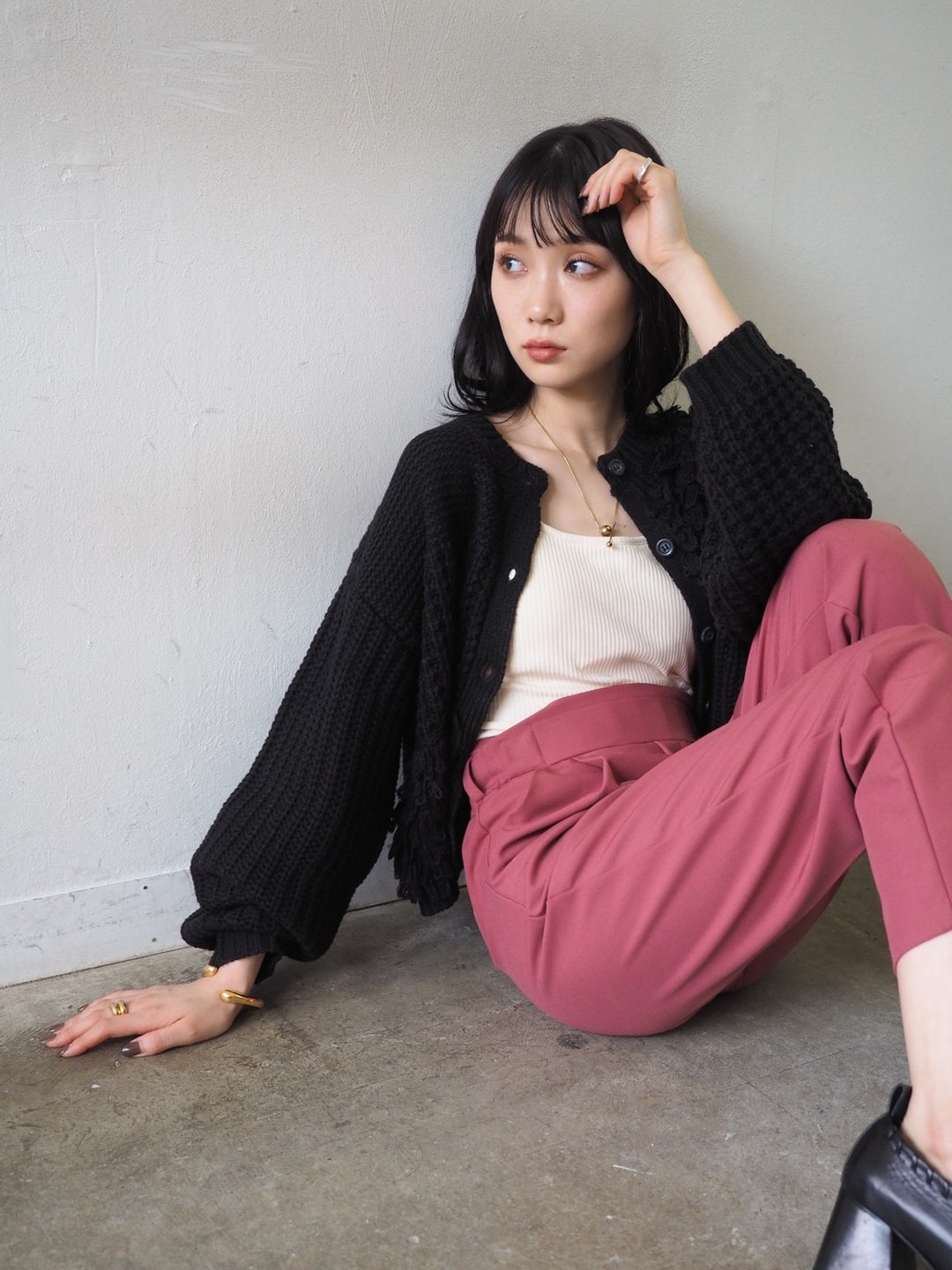 ループ編みデザインニットカーディガン/ブラック