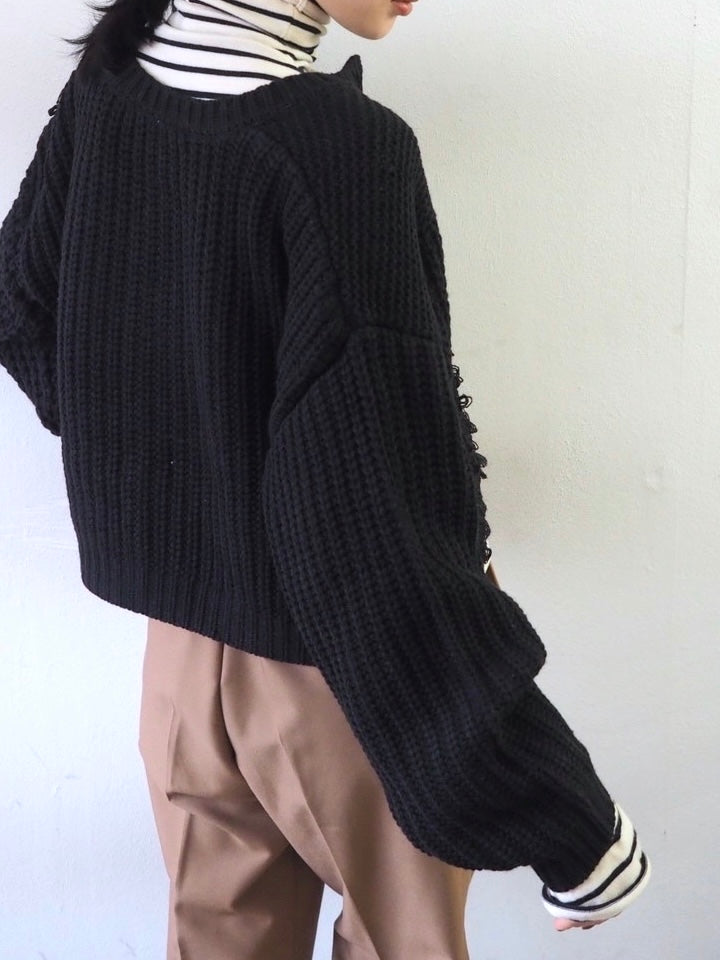 ループ編みデザインニットカーディガン/ブラック