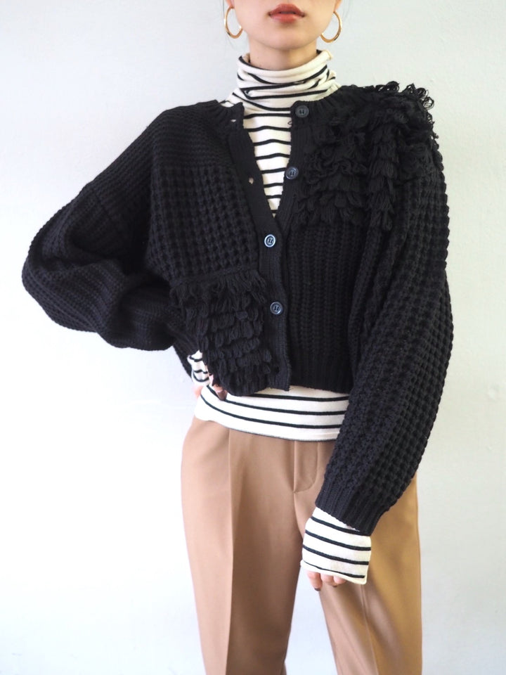 ループ編みデザインニットカーディガン/ブラック