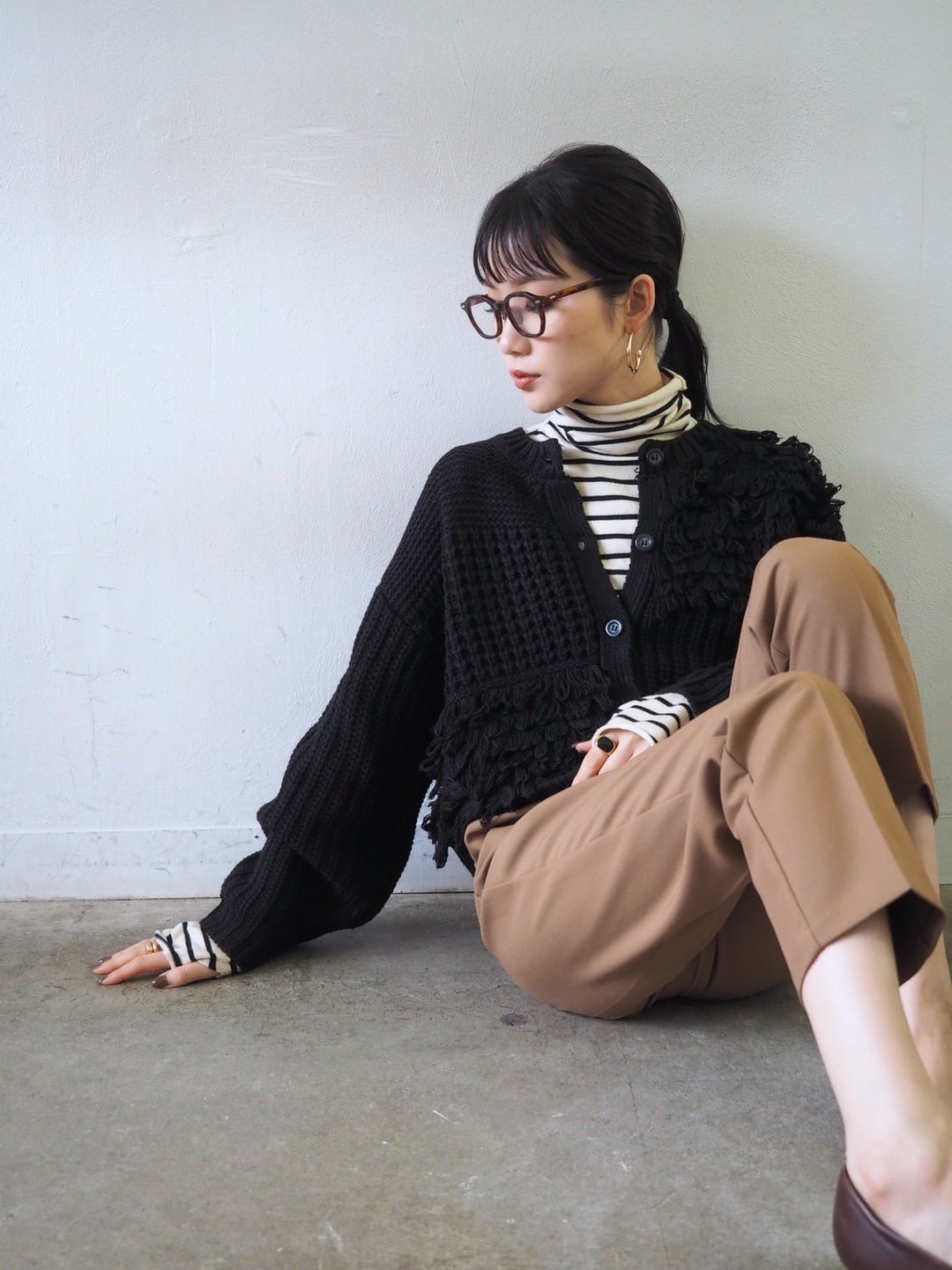 ループ編みデザインニットカーディガン/ブラック